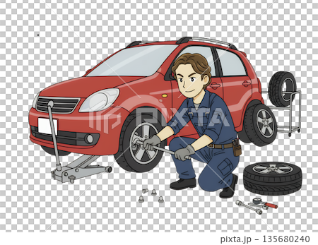 タイヤ交換をする男性作業員 135680240