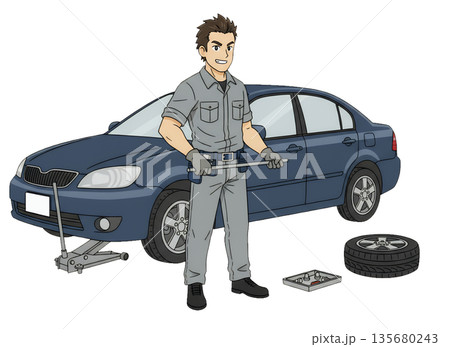 タイヤ交換をする男性作業員 135680243
