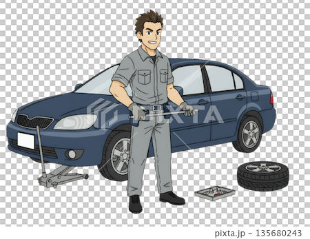 タイヤ交換をする男性作業員 135680243