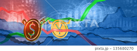 currency exchange rate background. bullish position of japanese yen or chinese yuan to us dollar. 3D illustration of asian forex trading. nikkei 225 stock market graph for investment and statistic 135680270