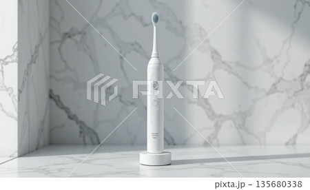 Toothbrush Stands on Marble Surface Under Bright Light in Modern Bathroom Setting 135680338
