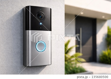 Smart Video Doorbell with Camera Installed on Modern House Exterior 135680500