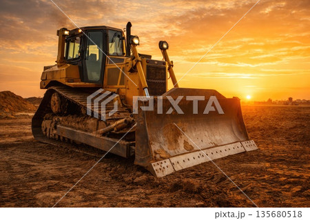 Heavy Construction Bulldozer Working on Earthmoving Site at Golden Sunset Heavy Construction Bulldozer Working on Earthmoving Site at Golden Sunset 135680518