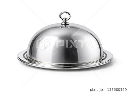 Elegant Silver Serving Cloche Isolated on White Background Elegant Silver Serving Cloche Isolated on White Background 135680520