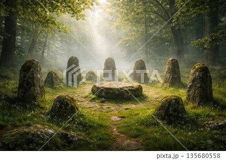 Ancient Stone Circle in Mystical Forest Clearing with Soft Morning Light Ancient Stone Circle in Mystical Forest Clearing with Soft Morning Light 135680558