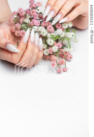 Woman's hands holding flowers with stiletto nail art manicure Woman's hands holding flowers with stiletto nail art manicure 135680604