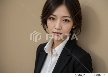 壁際に立って見つめるスーツの女性会社員 135680703