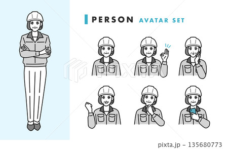 ヘルメットをかぶった作業着を着た女性の管理職のアバターセット 135680773