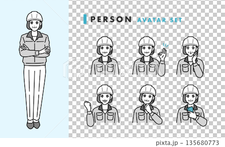 ヘルメットをかぶった作業着を着た女性の管理職のアバターセット 135680773