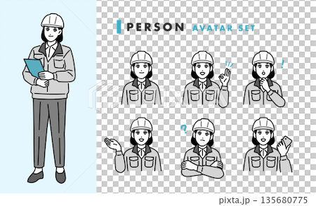 Avatar set of a woman wearing a helmet and work clothes 135680775