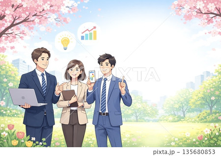 ビジネスミーティングと成長をイメージした春のオフィス風景（余白あり） 135680853