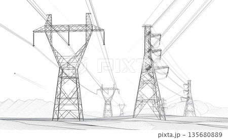 High voltage transmission systems. Electric pole. Power lines. Energy pylons. Black outlines image on white background. A network of interconnected electrical. Vector design illustration High voltage transmission systems. Electric pole. Power lines. Energy pylons. Black outlines image on white background. A network of interconnected electrical. Vector design illustration 135680889