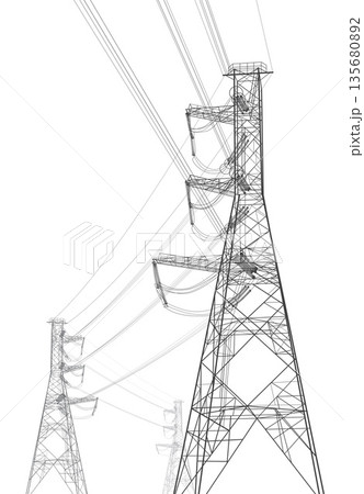 High voltage transmission systems. Electric pole. Power lines. Energy pylons. Black outlines image on white background. A network of interconnected electrical. Vector design illustration High voltage transmission systems. Electric pole. Power lines. Energy pylons. Black outlines image on white background. A network of interconnected electrical. Vector design illustration 135680892