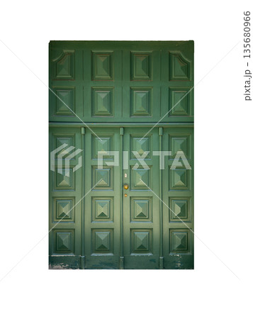 Old wooden double door with ornate carvings and weathered texture, showing classic architectural 135680966