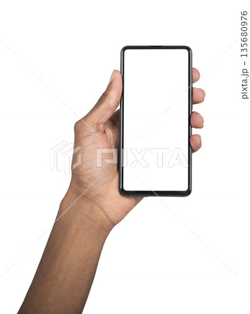 Mobile phone in hand, African American person holding smartphone with blank display. Modern digital 135680976