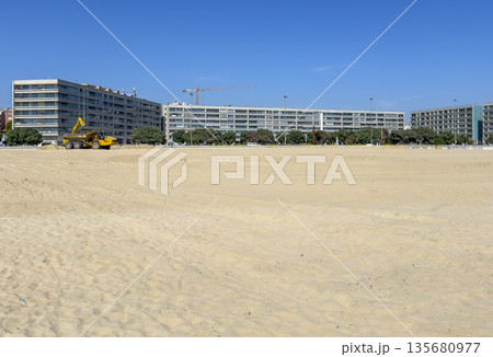 Matosinhos Portugal May 25 2025 beach on the Atlantic coast, with sandy shore, blue ocean and scenic 135680977