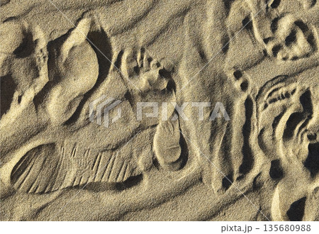 Footprints in soft beach sand near the sea, symbolizing travel, freedom and peaceful summer walks. Footprints in soft beach sand near the sea, symbolizing travel, freedom and peaceful summer walks. 135680988
