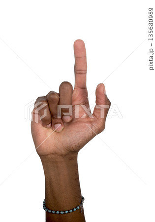 Finger pointing up gesture, African American person raising index finger vertically. Symbol of Finger pointing up gesture, African American person raising index finger vertically. Symbol of 135680989