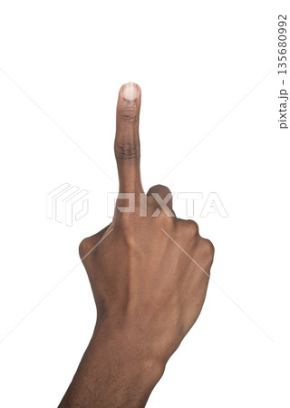 Finger gesture showing number one, African American man raising index finger upward. Human body Finger gesture showing number one, African American man raising index finger upward. Human body 135680992