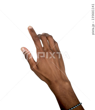 Finger pointing in click or touch gesture, hand reaching out to press button with index and thumb in 135681141