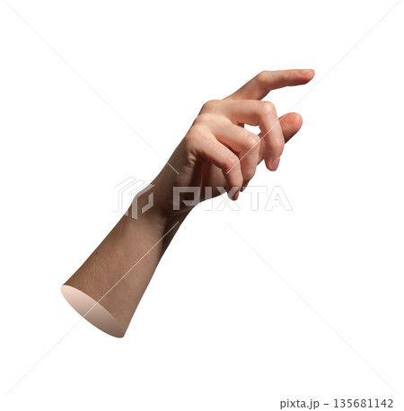 Finger pointing in touch gesture, index extended to press or select virtual button, concept of Finger pointing in touch gesture, index extended to press or select virtual button, concept of 135681142