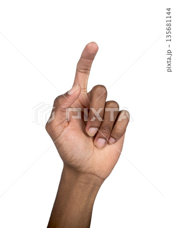 Finger raised in clicking gesture, man reaching toward virtual screen in digital interaction, 135681144