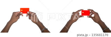 Hand holding blank card, African American man showing empty credit card for business or finance 135681170
