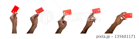 Hand holding blank credit card, African American man showing financial payment concept. Modern 135681171