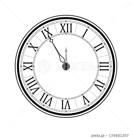 Old black and white clock face with Roman numerals and ornate vintage scrolled hands 135681207