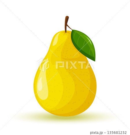 Fresh yellow pear with green leaf. Pear fruit isolated on a white background. Fresh yellow pear with green leaf. Pear fruit isolated on a white background. 135681232