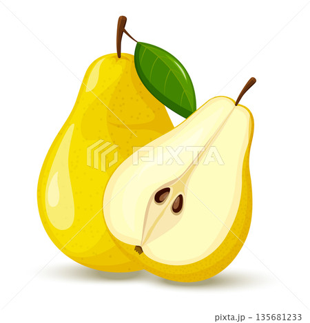 whole pear and half pear. Pear cut with green leaf. Yellow pear fruit isolated on a white background. Flat design whole pear and half pear. Pear cut with green leaf. Yellow pear fruit isolated on a white background. Flat design 135681233