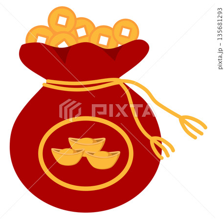 Red Lucky Money Bag with Chinese Gold Coins and Sycee for Lunar New Year Red Lucky Money Bag with Chinese Gold Coins and Sycee for Lunar New Year 135681293