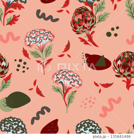 Modern hand drawn artichoke and vegetable seamless pattern. Trendy botanical vector design for kitchen textiles, wallpaper, fabric, and eco packaging. Modern hand drawn artichoke and vegetable seamless pattern. Trendy botanical vector design for kitchen textiles, wallpaper, fabric, and eco packaging. 135681486