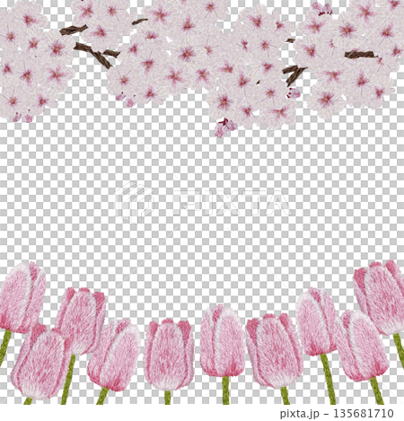 【櫻花與粉紅鬱金香相框】手工刺繡插畫材質 135681710