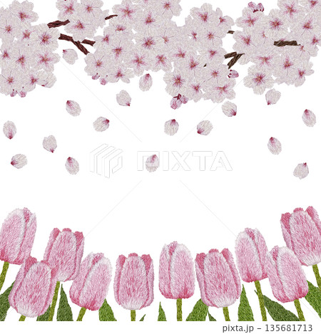 【桜とピンクのチューリップフレーム】手刺繍イラスト素材 135681713