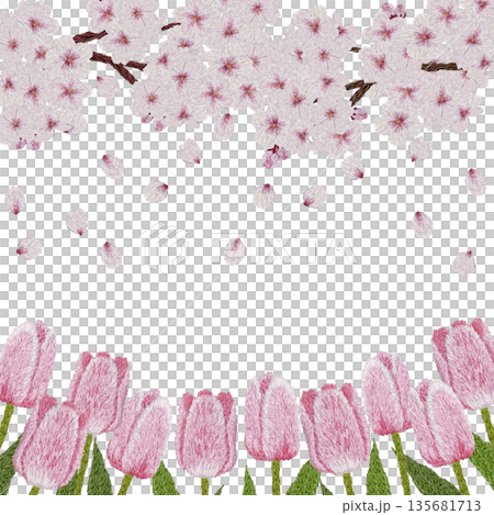 【桜とピンクのチューリップフレーム】手刺繍イラスト素材 135681713