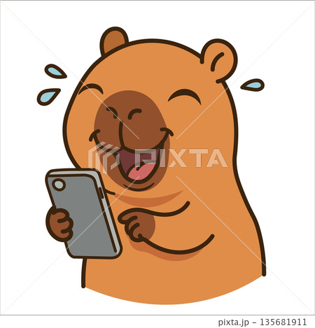 Funny capybara laughing at phone. Cute cartoon animal looking at smartphone screen with tears of joy. Kawaii vector sticker. 135681911