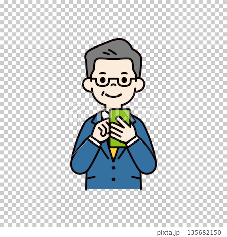 Vector illustration of a middle-aged businessman, boss, or president operating a smartphone Vector illustration of a middle-aged businessman, boss, or president operating a smartphone 135682150