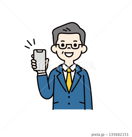 笑顔でスマートフォンの画面を見せる、スーツを着た中高年男性の上半身ベクターイラスト素材 135682151