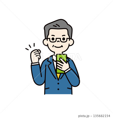 スマートフォンを持ってガッツポーズをする、スーツを着た中高年男性の上半身ベクターイラスト素材 135682154
