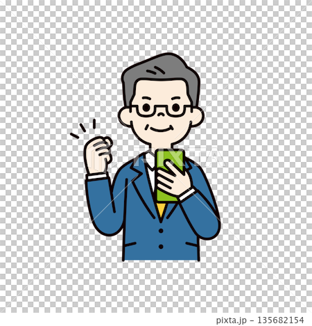 スマートフォンを持ってガッツポーズをする、スーツを着た中高年男性の上半身ベクターイラスト素材 135682154