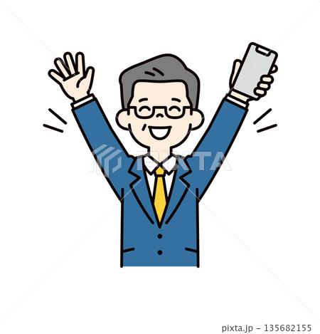 笑顔でバンザイ・大喜びする、シニア世代の上司・社長・経営者のシンプルなベクターイラスト素材 笑顔でバンザイ・大喜びする、シニア世代の上司・社長・経営者のシンプルなベクターイラスト素材 135682155