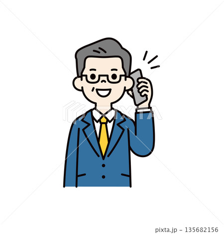 スマートフォンで話す・通話する、中高年の会社員・上司・社長の上半身ベクターイラスト素材 135682156