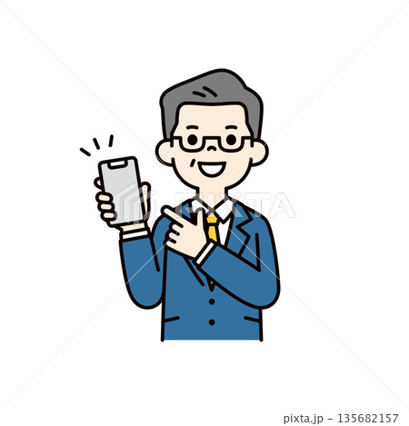 スマートフォンで紹介・案内する、スーツを着た中高年男性のシンプルなベクターイラスト素材 スマートフォンで紹介・案内する、スーツを着た中高年男性のシンプルなベクターイラスト素材 135682157