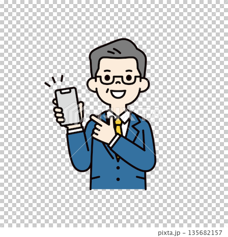 スマートフォンで紹介・案内する、スーツを着た中高年男性のシンプルなベクターイラスト素材 スマートフォンで紹介・案内する、スーツを着た中高年男性のシンプルなベクターイラスト素材 135682157