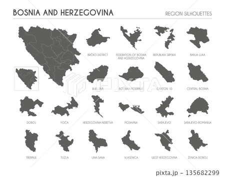 Bosnia and Herzegovina region silhouettes set and blank map of the country isolated on white background. Vector illustration design 135682299