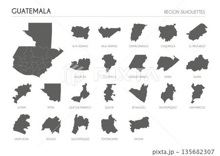 Guatemala region silhouettes set and blank map of the country isolated on white background. Vector illustration design 135682307