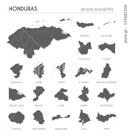Honduras region silhouettes set and blank map of the country isolated on white background. Vector illustration design Honduras region silhouettes set and blank map of the country isolated on white background. Vector illustration design 135682308