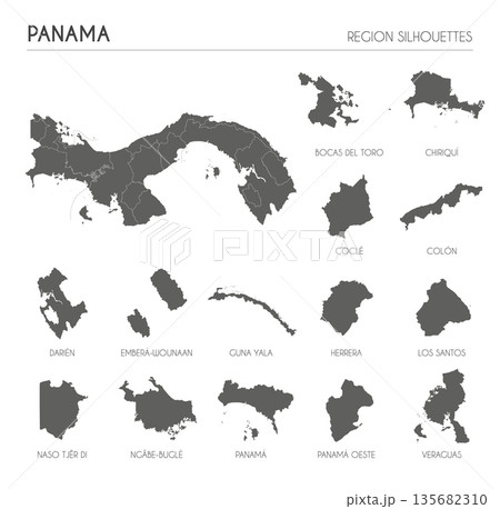 Panama region silhouettes set and blank map of the country isolated on white background. Vector illustration design Panama region silhouettes set and blank map of the country isolated on white background. Vector illustration design 135682310