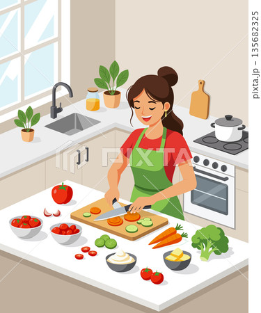 Woman cooking vegetables in kitchen illustration Woman cooking vegetables in kitchen illustration 135682325
